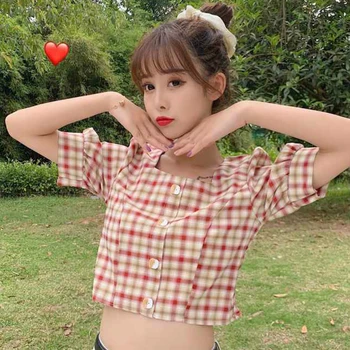 Tricouri Femei Carouri Roșii Retro Chic Fete Minunate Student Coreea Style Slim Trendy Maneci Scurte Crop Top Vrac Sexy Femei De Vacanță