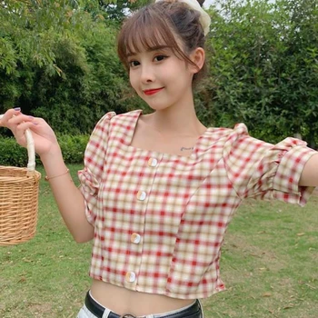 Tricouri Femei Carouri Roșii Retro Chic Fete Minunate Student Coreea Style Slim Trendy Maneci Scurte Crop Top Vrac Sexy Femei De Vacanță