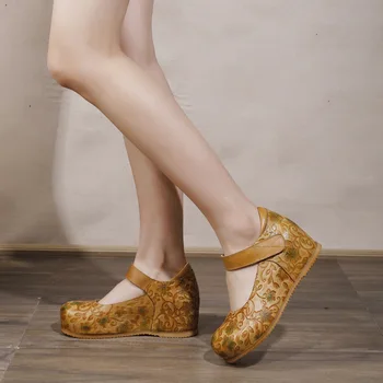 Johnature 2020 Nouă Primăvară Pompe De Femei Pantofi Din Piele A Crescut De Interne Cârlig & Bucla De Flori Retro Imprimare Doamnelor Pantofi