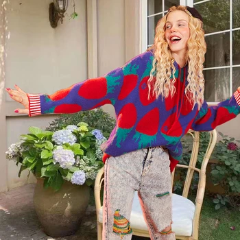 Femei top 2020 toamna și iarna noi jacquard model de cireșe cu miez de fire cu gluga mid-lungime pulover pentru femei