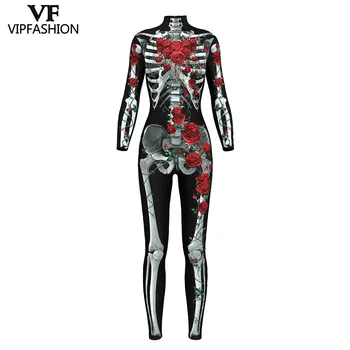 VIP MODA 2019 Noile Produse 3D Rose Schelet Print Rompers Costume de Halloween Pentru Femei Salopeta Negru Petrecere Bodysuit