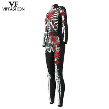 VIP MODA 2019 Noile Produse 3D Rose Schelet Print Rompers Costume de Halloween Pentru Femei Salopeta Negru Petrecere Bodysuit