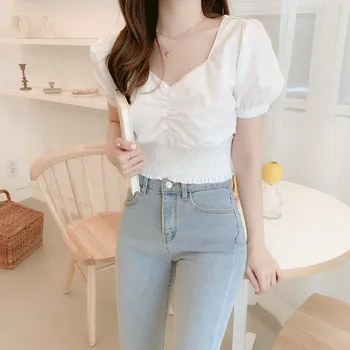 Vară Șifon Bluza Femei Franceză Stil Retro Elegant Culturilor Topuri Casual Puff Maneca Scurta Slim Fit-Coreean Bluza Femei 2020 Nou