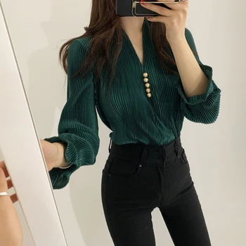 Primavara Toamna Femei Bluza Stil coreean V-neck Culoare Solidă Buton de Cămașă Nouă Libertate Maneca Ars de sex Feminin Bluza Topuri LL931