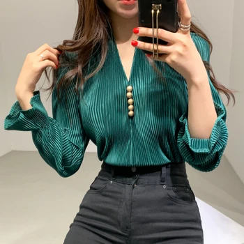 Primavara Toamna Femei Bluza Stil coreean V-neck Culoare Solidă Buton de Cămașă Nouă Libertate Maneca Ars de sex Feminin Bluza Topuri LL931