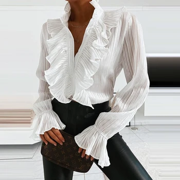 Denim Ciufulit Maneca Lunga Buton De Cămașă Bluză De Vară Sexy V Gâtului Cutat Șifon Bluze De Primavara Elegante Office Lady Topuri Blusa