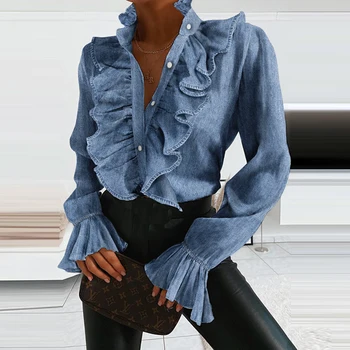 Denim Ciufulit Maneca Lunga Buton De Cămașă Bluză De Vară Sexy V Gâtului Cutat Șifon Bluze De Primavara Elegante Office Lady Topuri Blusa