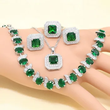 Seturi De Argint Bijuterii Mireasa Pentru Femei Verde Imitat Smarald Alb Cristal Zirconia Colier Pandantiv Cercei Inel Brățară