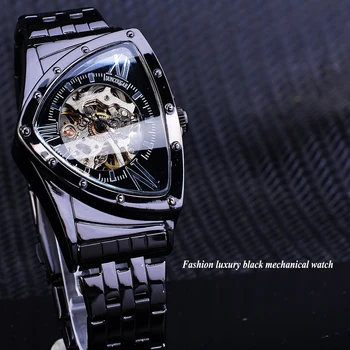 DUNCOUGAR Triunghi Negru Schelet Neregulate Automat Mechanical Ceas din Oțel Inoxidabil rezistent la apa Afaceri Sport Bărbați ceasuri de Mînă