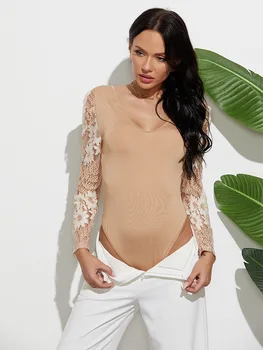 Retro Long Sleeve Lace Bodysuit Aplicatiile Corpul Feminino Toamna Mono Corto Mujer-O Singură Bucată Salopeta V Gât Combinaison Femme Sexy