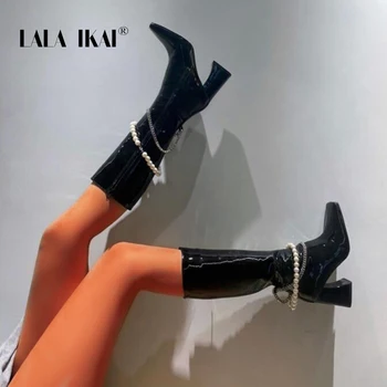LALA IKAI Indesata Pantofi cu Tocuri de Femeie 2020 Genunchi Ridicat Cizme de Moda pentru Femei Deget de la picior Pătrat Lustruite Lanț Decorat Cizme Lungi C10311-4