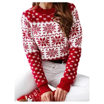 Femei pe Gât O Elk Fulg de nea crăciun Crăciun pulover Pulover tricot Cald Iarna Tricotate Rochie Pulover Casual Patchwork #SRN