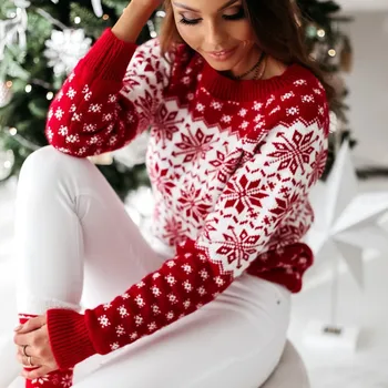 Femei pe Gât O Elk Fulg de nea crăciun Crăciun pulover Pulover tricot Cald Iarna Tricotate Rochie Pulover Casual Patchwork #SRN