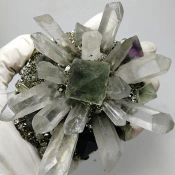 1 buc Fierbinte populare rare cristal specimen fluorit plus pirită plus chakra cluster de cristal pentru decor