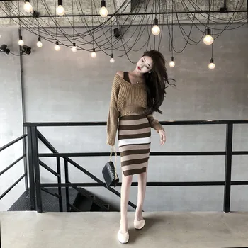 Femei pe Scurt, V-gât Pulover de Toamna Noua Moda coreeană Pulover Tricot de sex Feminin Subțire de culoare Kaki, Pulover Scurt din Două piese Femeie Gd086