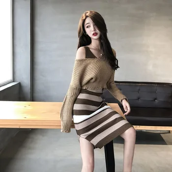 Femei pe Scurt, V-gât Pulover de Toamna Noua Moda coreeană Pulover Tricot de sex Feminin Subțire de culoare Kaki, Pulover Scurt din Două piese Femeie Gd086