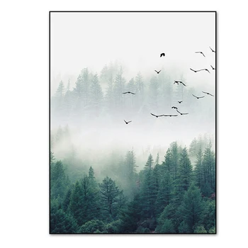 Nordic Ceață Pădure De Păsări Peisaj Panza Pictura Postere Si Printuri Quadros Arta De Perete De Imagine Pentru Camera De Zi Decor Acasă Cuadros