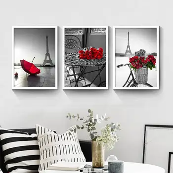 Rose bicicleta umbrela alb-negru peisajul panza pictura pe perete imagini pentru living, dormitor modern cuadros decoracion