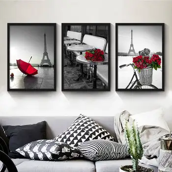 Rose bicicleta umbrela alb-negru peisajul panza pictura pe perete imagini pentru living, dormitor modern cuadros decoracion