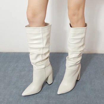 Meotina Genunchi-Cizme Pantofi Femei Plisată Extreme Toc Înalt Cizme Lungi A Subliniat Toe Bloc Tocuri De Moda Doamnelor Cizme De Iarna 43