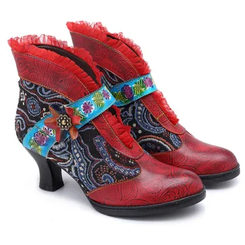 Autentice Din Piele De Despicare Retro Glezna Cizme Pentru Femei Pantofi Pentru Femeie Mozaic Dantela Cavaler Cizme Cu Fermoar Bloc Tocuri Botas Noi