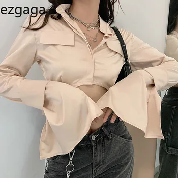 Ezgaga Sexy Tricouri Femei Moda Toamna Single Breasted Stand Guler Lung Flare Bluze Cu Maneca Subțire Solid Birou Doamnă Elegant