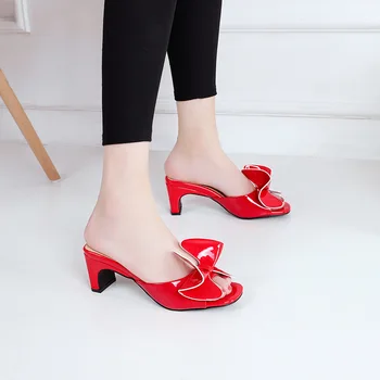 Doamnelor Sandale Slide-Uri Cu Arcul Brevet Piele Pantofi Toc Pătrat Med Drăguț Sandale Tocuri Inalte Zapatos Plus Dimensiune 44-2 Slide-Uri De Vara