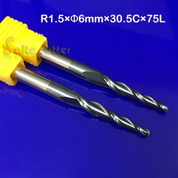 2pc R1.5*D6*30.5*75L*2F HRC55 Tungsten carbură solidă Conica Minge Nas End Mill con freze cnc router pic de lemn cuțit tool