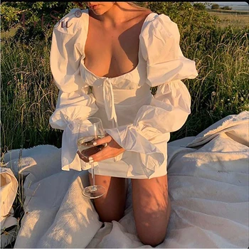 ArtSu Cravată Față De Rochii Mini Bodycon Petrecere De Club Lantern Maneca Sexy Rochie Albă, Femei Toamna Anului 2020 Ziua Rochie Eleganta