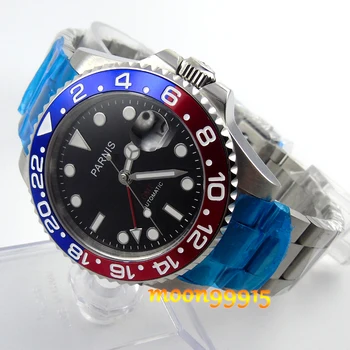 40mm parnis albastru/rosu bezel GMT safir automatic mens watch