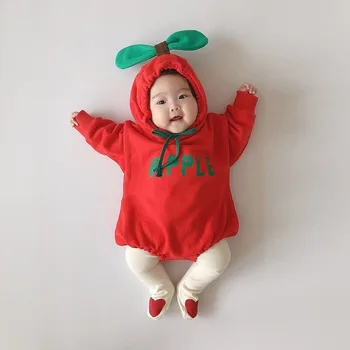 Toamna Iarna Fetita Bodysuit Copilul Băiat Bebe Salopetă cu Glugă Roșie cu Mere Banane Portocale costum