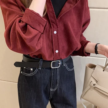 QRWR Femei de Moda Bluze 2020 Primavara Toamna pantaloni de Catifea cord Îmbinare Fals Două Piese Tricou Vintage Pierde Rândul său, în Jos Guler Bluza Femei