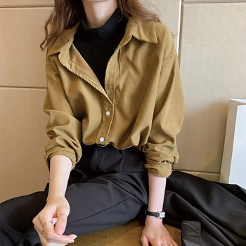 QRWR Femei de Moda Bluze 2020 Primavara Toamna pantaloni de Catifea cord Îmbinare Fals Două Piese Tricou Vintage Pierde Rândul său, în Jos Guler Bluza Femei
