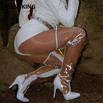 Femei primavara PVC Transparent Coapsei Cizme Sexy Subliniat Toe Tocuri inalte Cizme Lungi de Club Rochie Petrecere Pantofi Botas De Mujer
