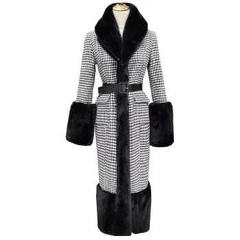 New sosire Houndstooth long haină de lână femei guler de blană de cusut gros de iarna palton cald