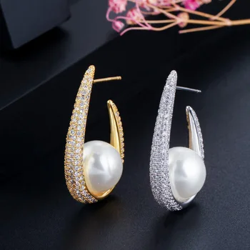 Moda De Lux 925 Masiv Sterling Silver Pearl Creat Moissanite Piatră Prețioasă Nunta Logodna Bijuterii Fine Hoop Cercei