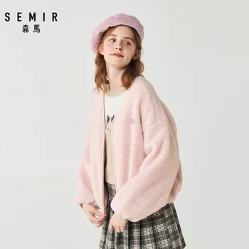 SEMIR sacou Scurt pentru femei 2021 iarna noi populare supradimensionat liber jacheta V-neck imitație de miel cașmir haina calda