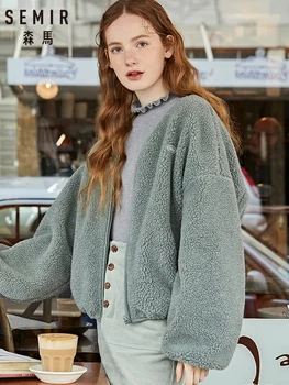 SEMIR sacou Scurt pentru femei 2021 iarna noi populare supradimensionat liber jacheta V-neck imitație de miel cașmir haina calda