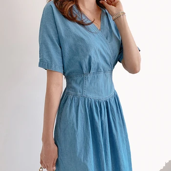 Colorfaith Noi 2020 Femei Rochie Denim Vara V-Neck Casual Stil coreean Epocă de Mare Elastic Talie Streetwear Rochie Lunga DR6720
