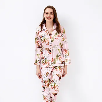Femei Set de Pijama cu Maneci Lungi de Mătase Florale Imprimate Acasă Sleepwear mai Nou Stil Casual mai Multe Culori de Primavara pentru Femei Pijamale