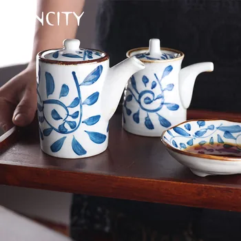 FANCITY Japonez stil retro ceramice condimente borcan de sos de soia otet de sticla de bucătărie de uz casnic cu capac oțet vas ulei, vas resta