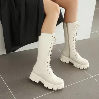 Solid de culoare bej alb dantela-up pantofi pentru femei de toamna si iarna fleece brand de lux platforma de la jumătatea vițel femei cizme martin plus dimensiune 34-43