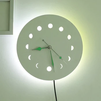 Din lemn 3D Ceas de Perete Retro Stil Faza de Luna Lemn Fluorescente Ceas de Perete Mut Cu Iluminare din spate Simplu Decor Acasă