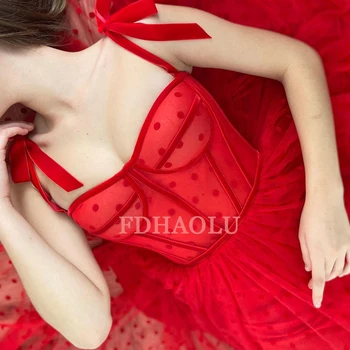 FDHAOLU FU113 New Sosire Roșu Dragă Dot net Bustiera-Corset Rochie de Bal Elegant a-Line Bretele Rochie de Seara Lunga Plisata