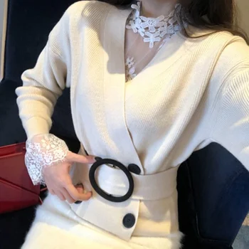 Comelsexy Noi 2020 Toamna Iarna Cardigane Pulovere pentru Femei, cu Curea la Modă Dublu Pieptul V-Neck Tricotaje Scurt, Pulovere