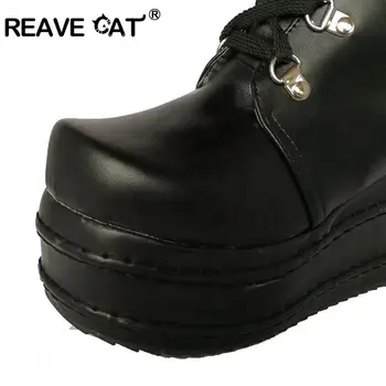 FURA CAT Stilul Femei Cizme Negre Casual Genunchi Ridicat Pene Platforma Toc Înalt Cizme Punk Gotice Pantofi Dantela-Up de Echitatie Boas QH3038