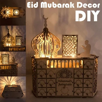 Lemn Eid Mubarak Ramadan Calendar Advent DIY Numărătoarea inversă Sertar Lumina Decor Acasă