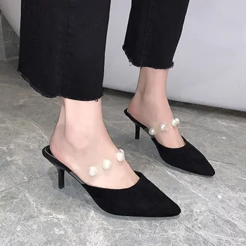 Papuci 2020 noua moda coreeană wild pearl stil de basm toc subțire subliniat sandale si papuci copii