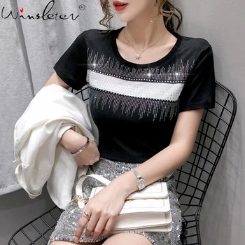 Vara coreea Style Moda T-shirt Sexy O-Gât Mozaic de Diamante Femei Topuri cu Maneci Scurte Ropa Mujer Casual Slim Teuri T08212L