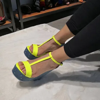 Olomm Noi Femeile Platforma T-curea Sandale Sexy cu Pene, Pantofi cu Toc inalt sandale Galben Pantofi Casual pentru Femei, Plus Dimensiune 5-15